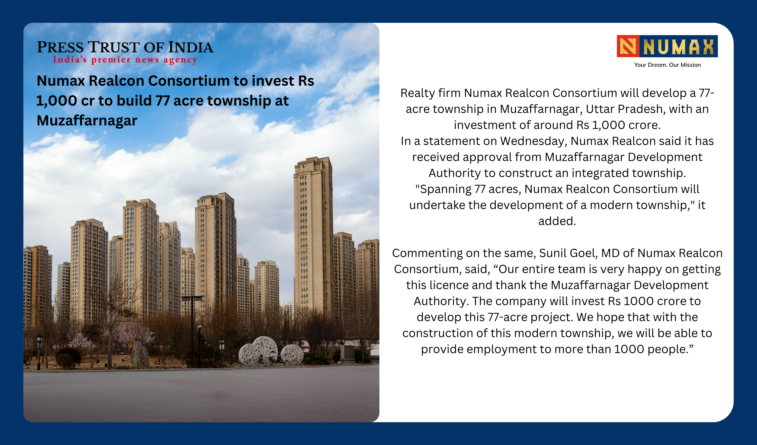 Numax Realcon Consortium to invest Rs 1,000 cr to invest 77 acre township at Muzaffarnagar