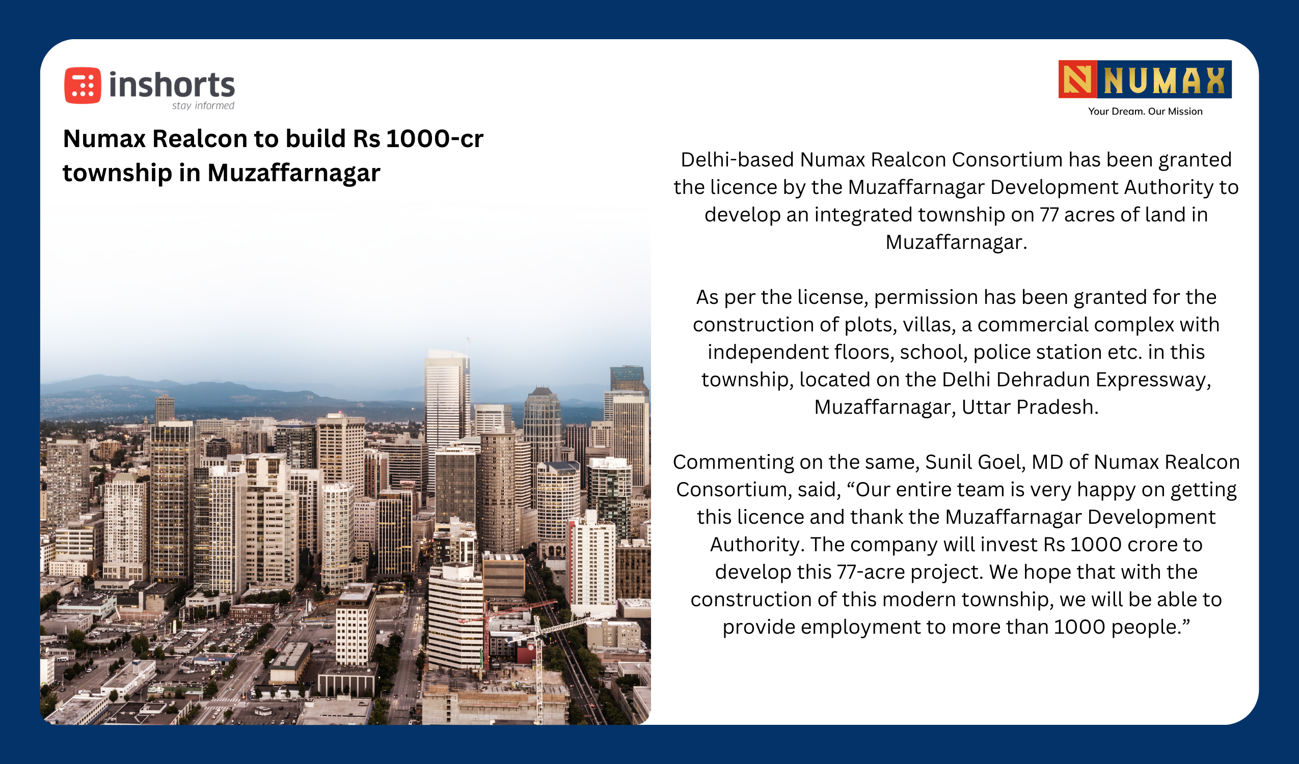 Numax Realcon to Invest Rs 1000 Cr for Township Project in UP